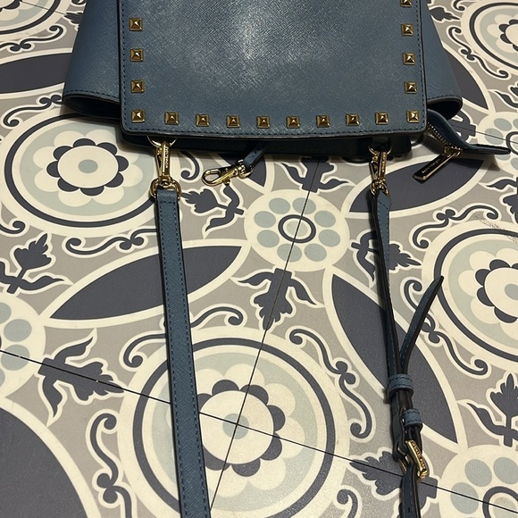 Michael Kors Blue and Gold Crossbody Bag with Studded Details, Saffiano Leather - Picture 14 of 16